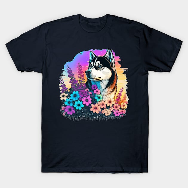 Siberian husky in the fllowers T-Shirt by Antzyzzz